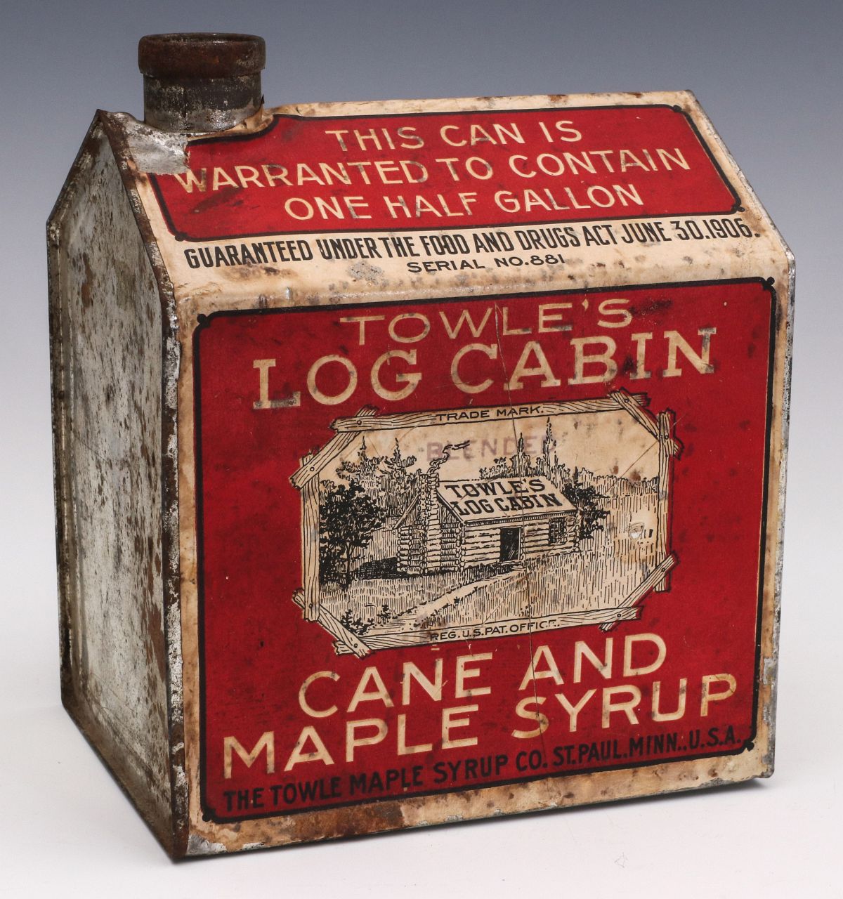 #269: A TOWLE'S LOG CABIN SYRUP 1/2 GALLON CAN C. 1910