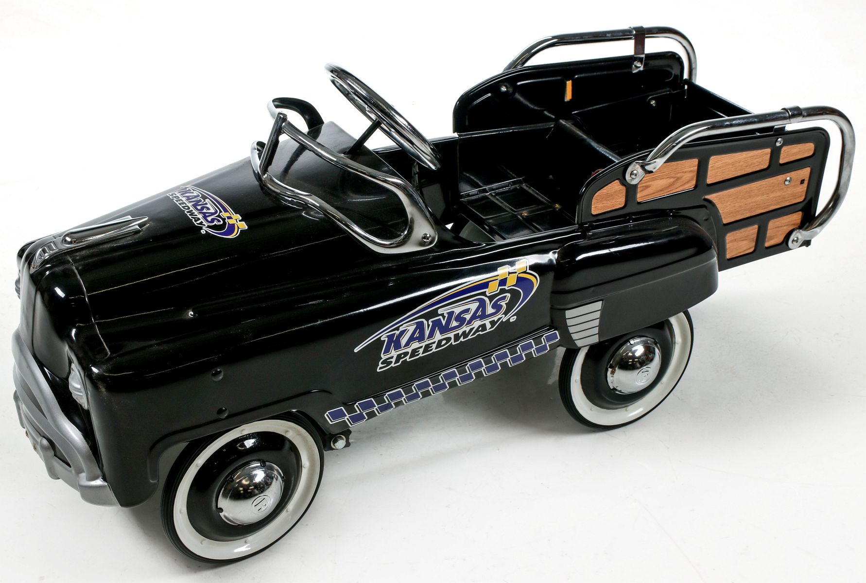 A KANSAS SPEEDWAY COMMEMORATIVE WOODY PEDAL CAR