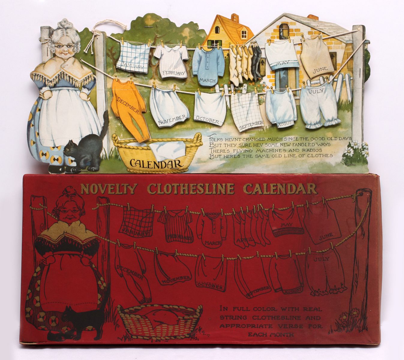 A RARE 1930 NOVELTY CLOTHESLINE CALENDAR WITH BOX