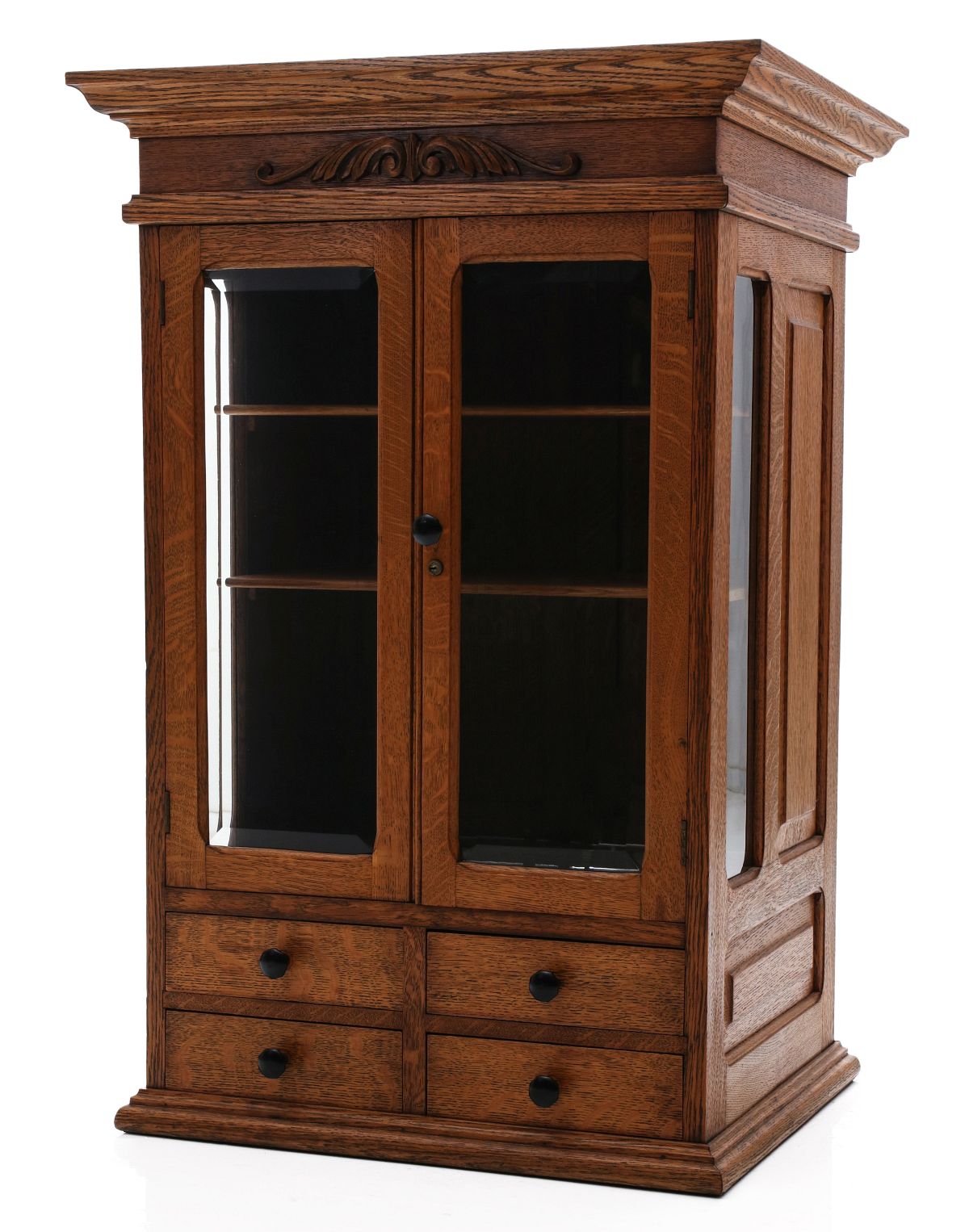 A CIRCA 18 FANCY OAK SHAVING OR DISPLAY CABINET