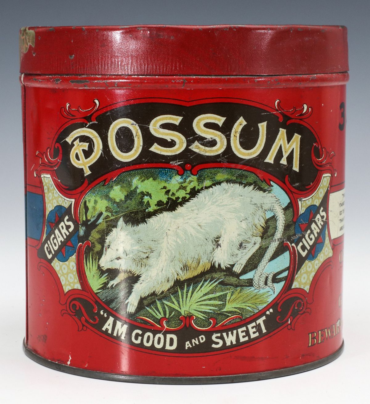 A POSSUM BRAND CIGARS ADVERTISING TIN, 3 FOR 10Â¢