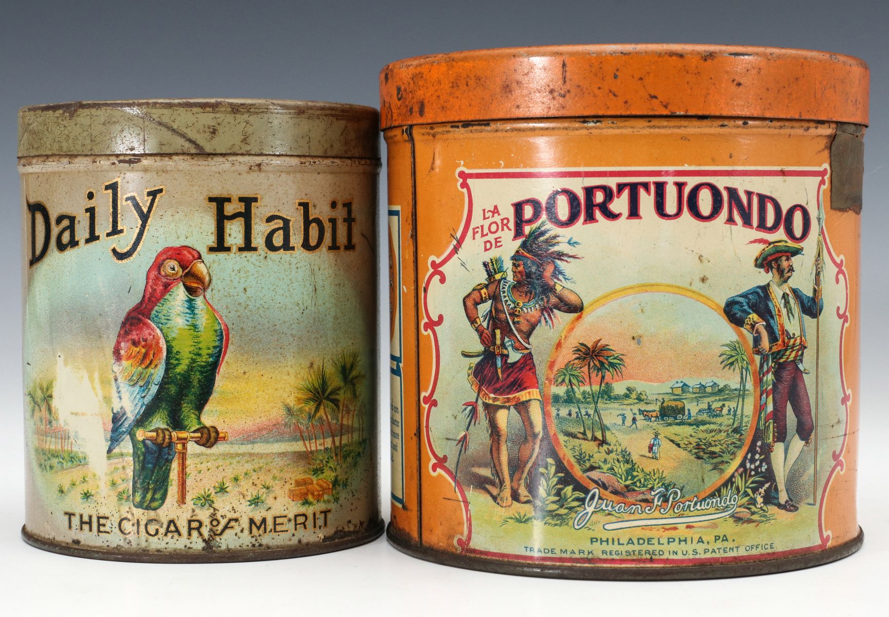 DAILY HABIT AND PORTUNDO TIN LITHO CIGAR TINS