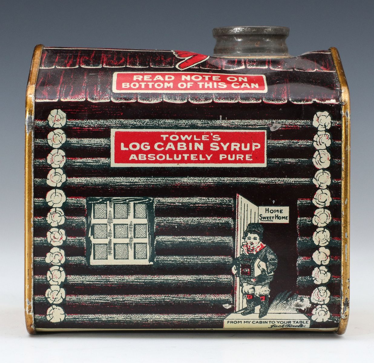 LOG CABIN SYRUP 'HOME SWEET HOME' TIN CIRCA 1914