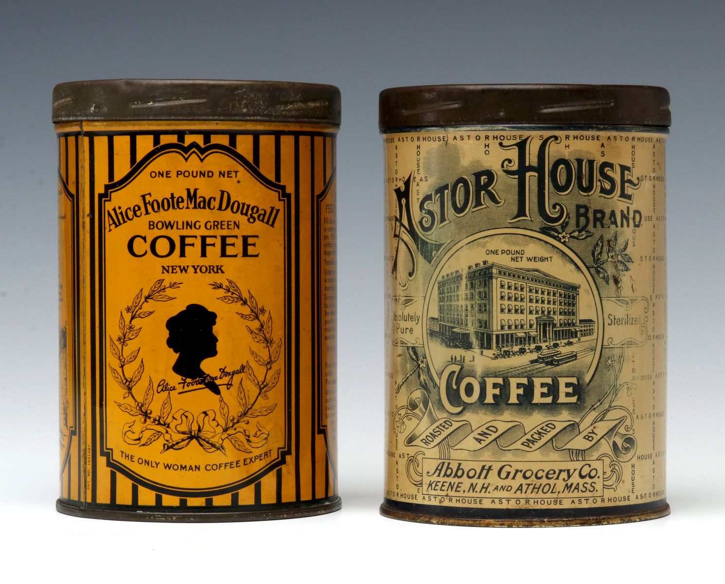 ASTOR HOUSE AND ALICE MACDOUGALL COFFEE TINS