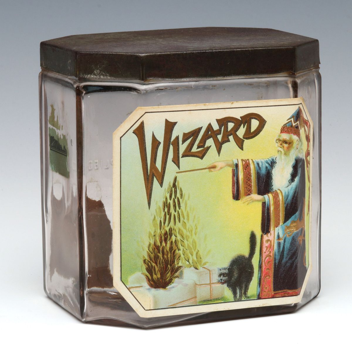 CIRCA 1900 CIGAR JAR WITH TIN LID AND PAPER LABEL