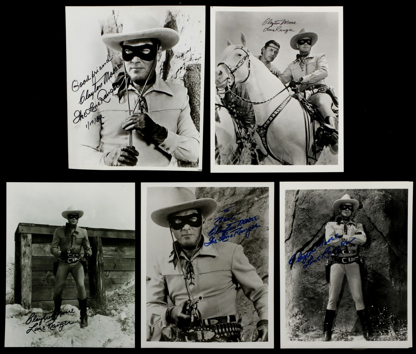 FIVE CLAYTON MOORE SIGNED LONE RANGER PHOTOGRAPHS