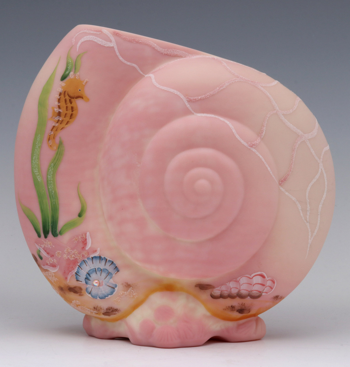 A FENTON HAND-DECORATED NAUTILUS VASE