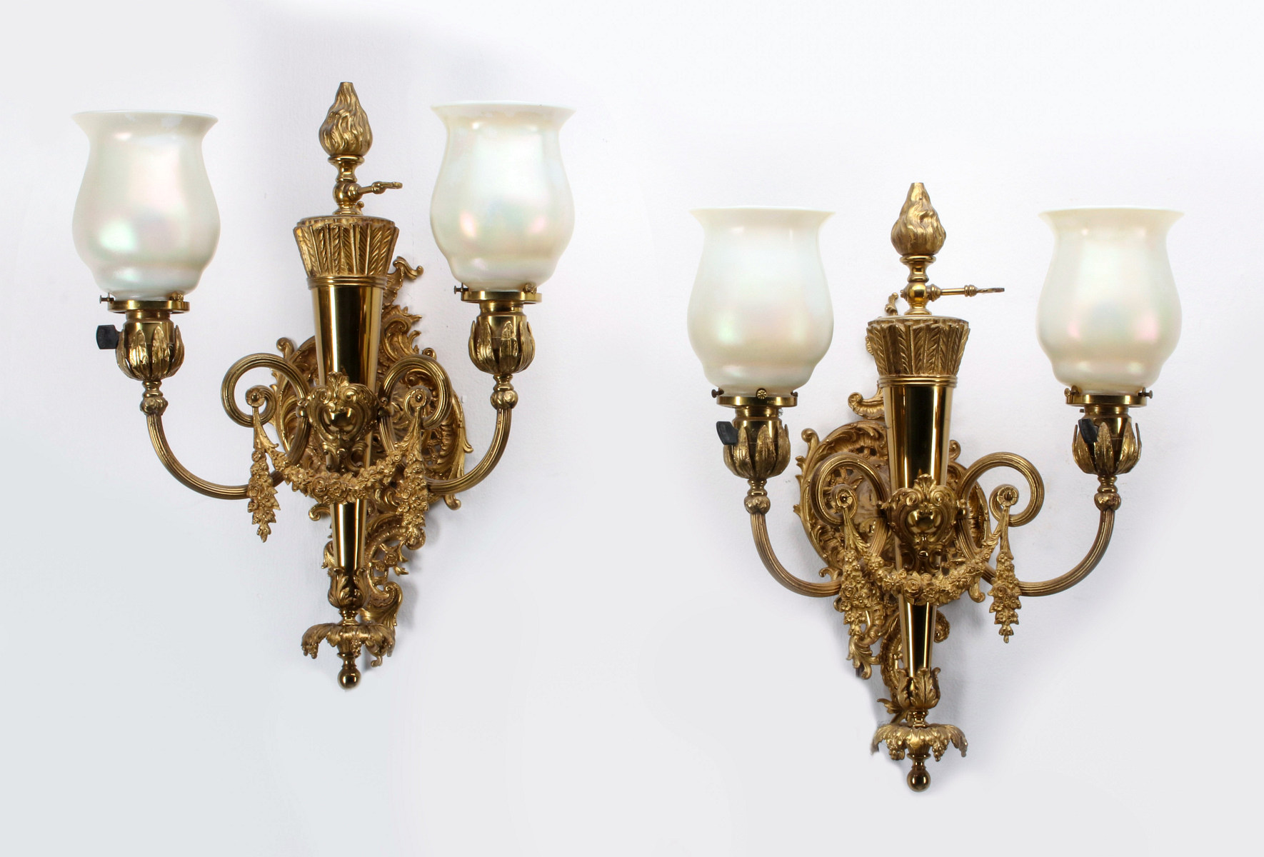 A PAIR 20TH C LOUIS XVI SCONCES WITH QUEZAL SHADES