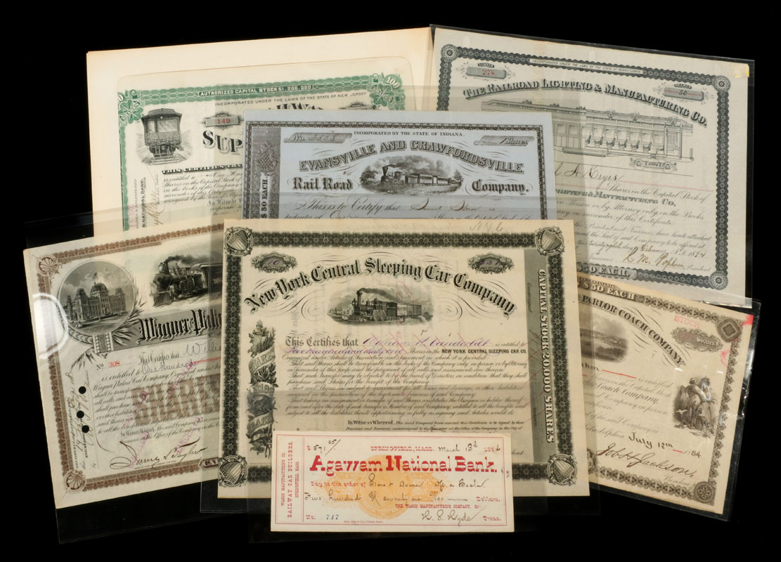 FIVE 1875-1902 RAILROAD COMPANY SHARE CERTIFICATES