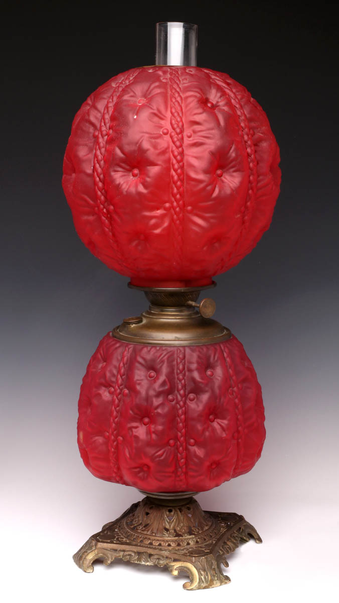 A FROSTED BLOWN-OUT CRANBERRY GLASS PARLOR LAMP