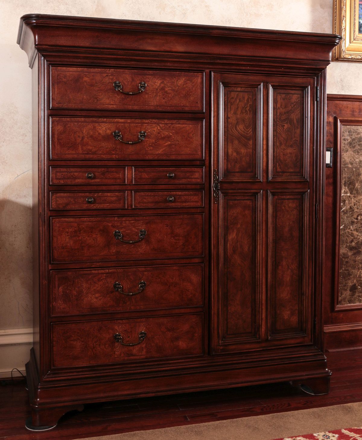 A MULTI-DRAWER BURL FRONT GENTLEMAN'S CHEST