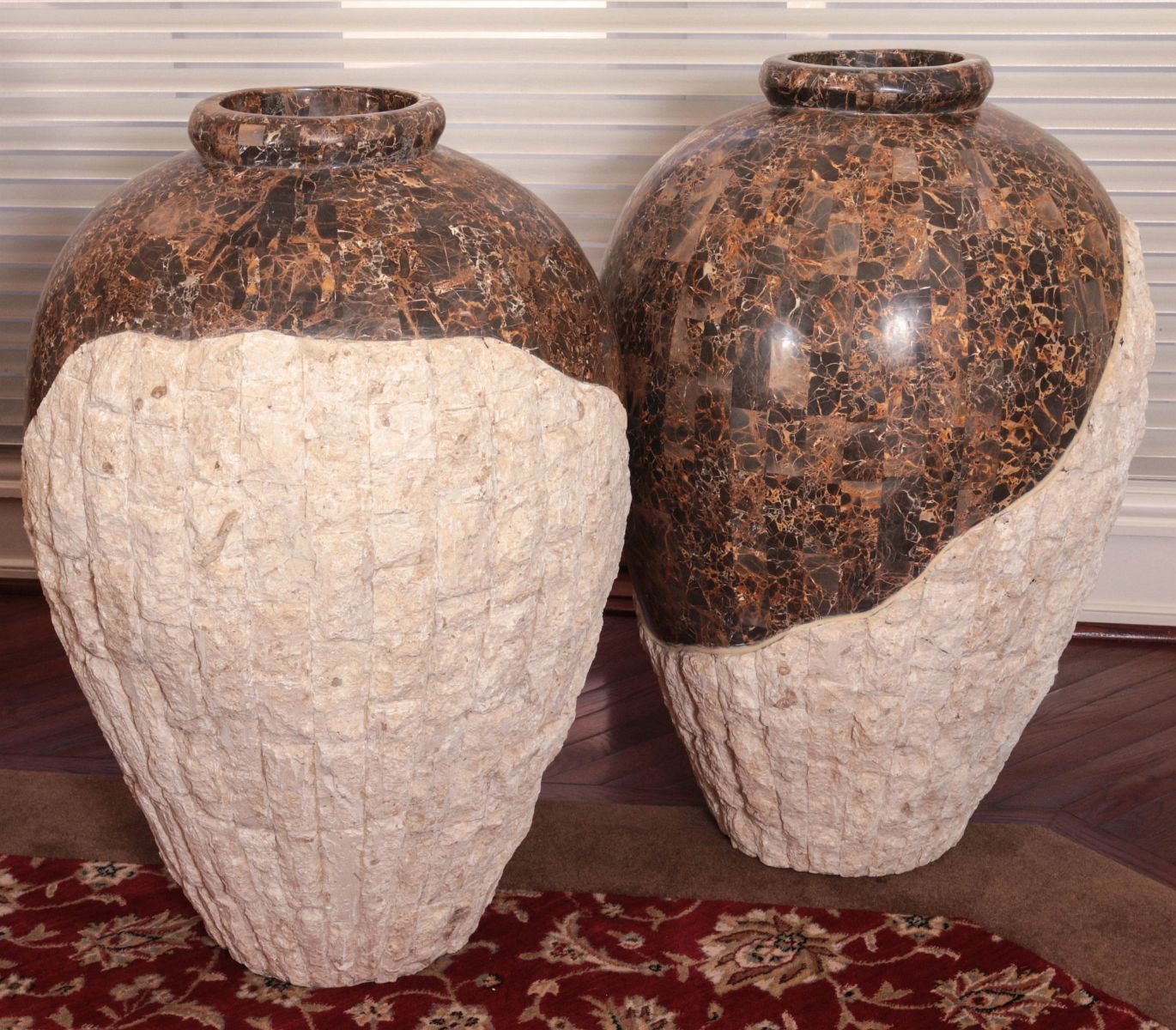 A PAIR LARGE DECORATIVE STONE VENEER FLOOR VASES