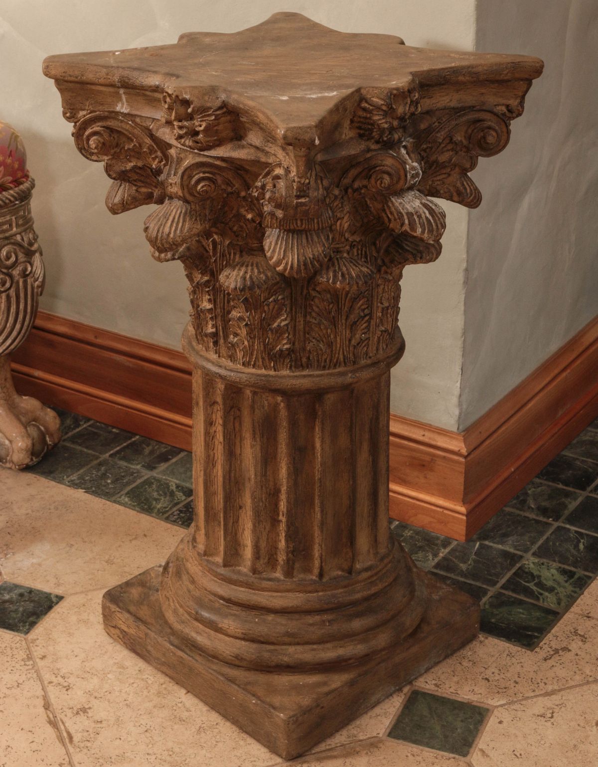 A PAINTED PLASTER CORINTHIAN COLUMN PEDESTAL