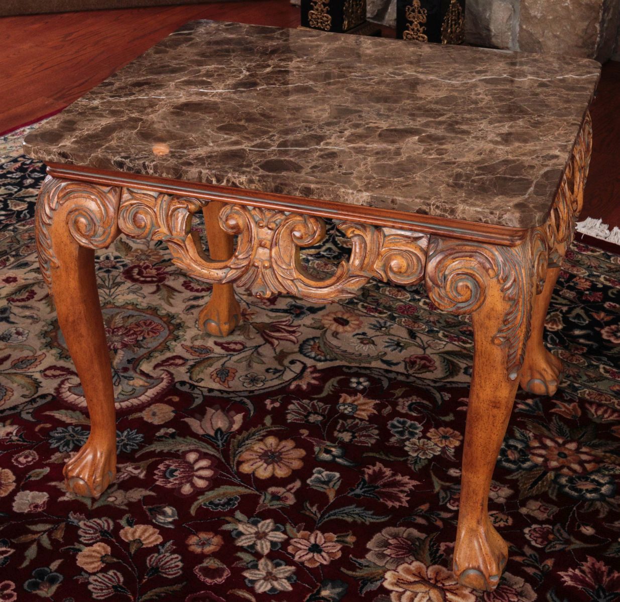 A GOOD PAIR OF CARVED SIDE TABLES WITH MARBLE