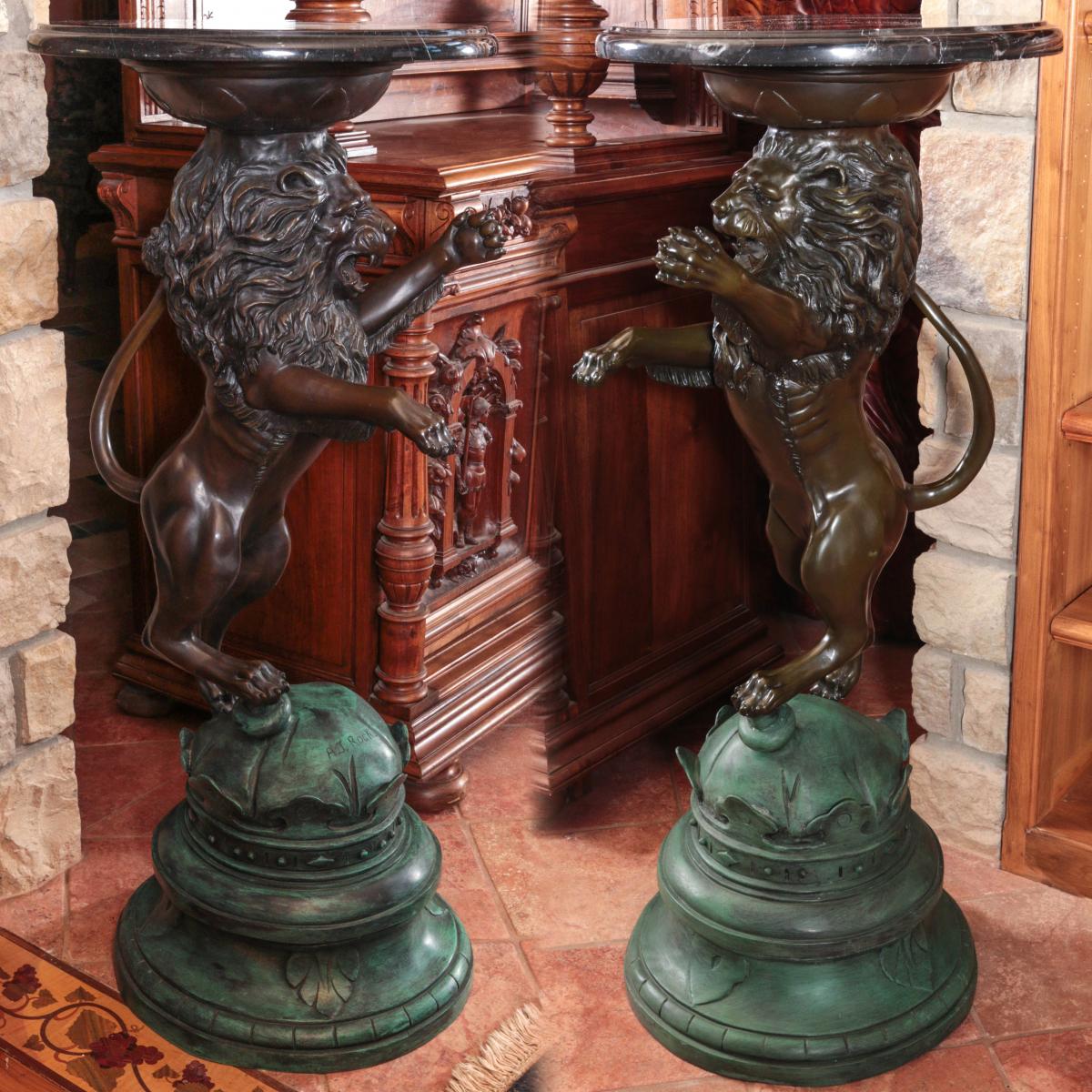 PAIR OF CONTEMPORARY BRONZE STANDING LION PEDESTAL