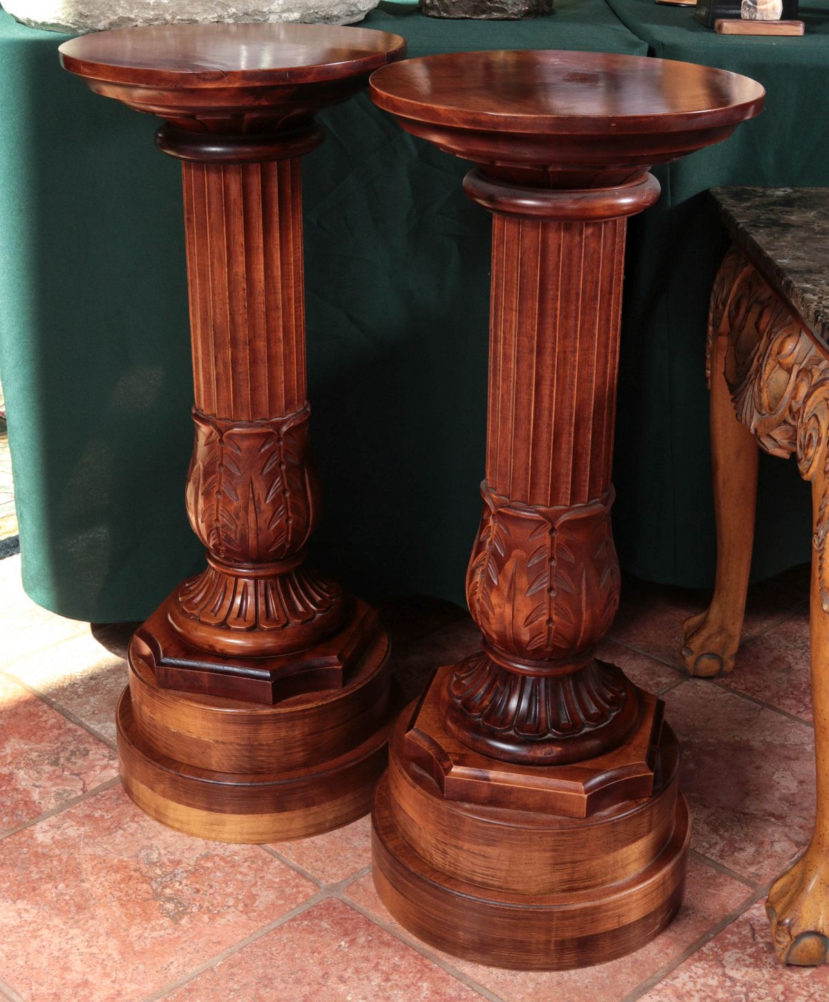 A PAIR SUBSTANTIAL CARVED COLUMNAR PEDESTALS