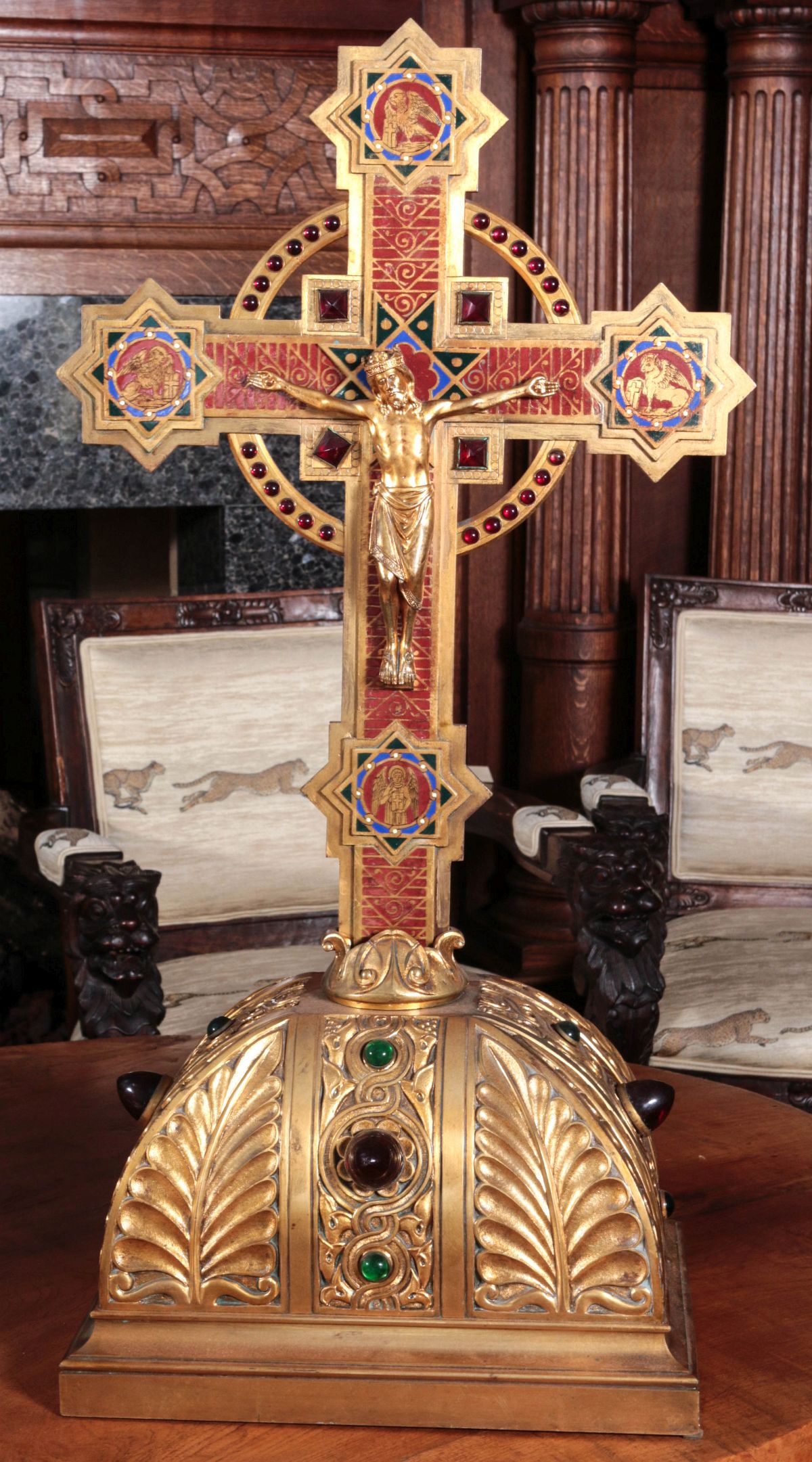 A FINE AND LARGE JEWELED BRONZE CHAMPLEVE CRUCIFIX