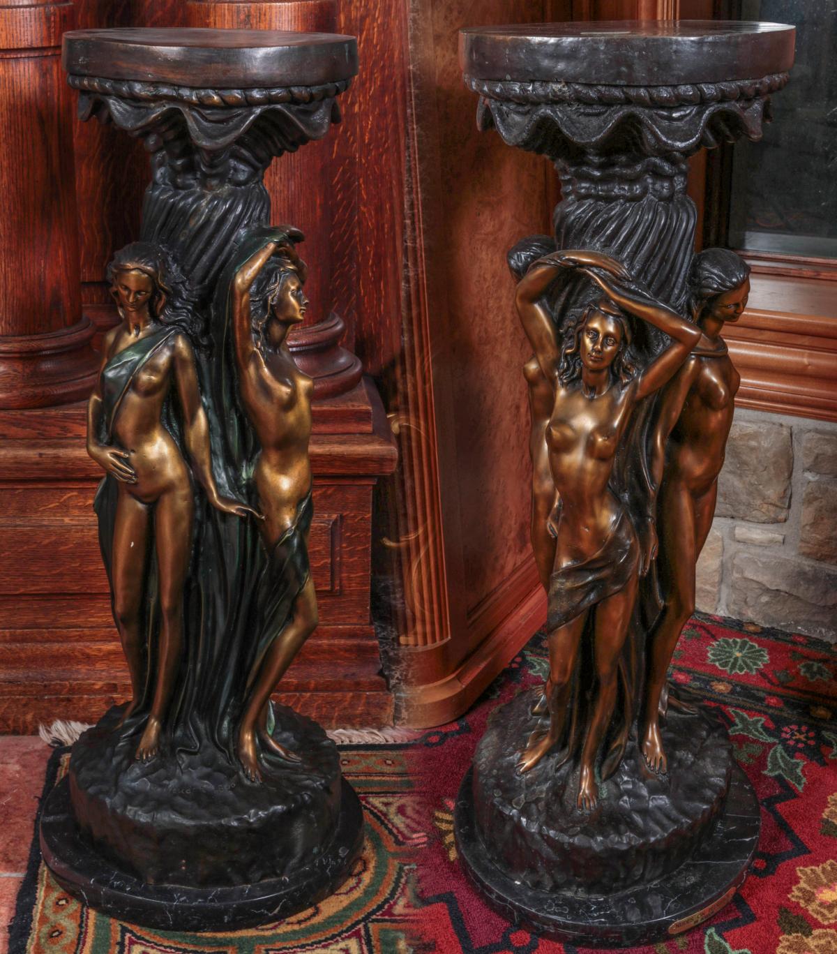 A PAIR OF 32'' BRONZE PEDESTALS W/ STANDING NUDES