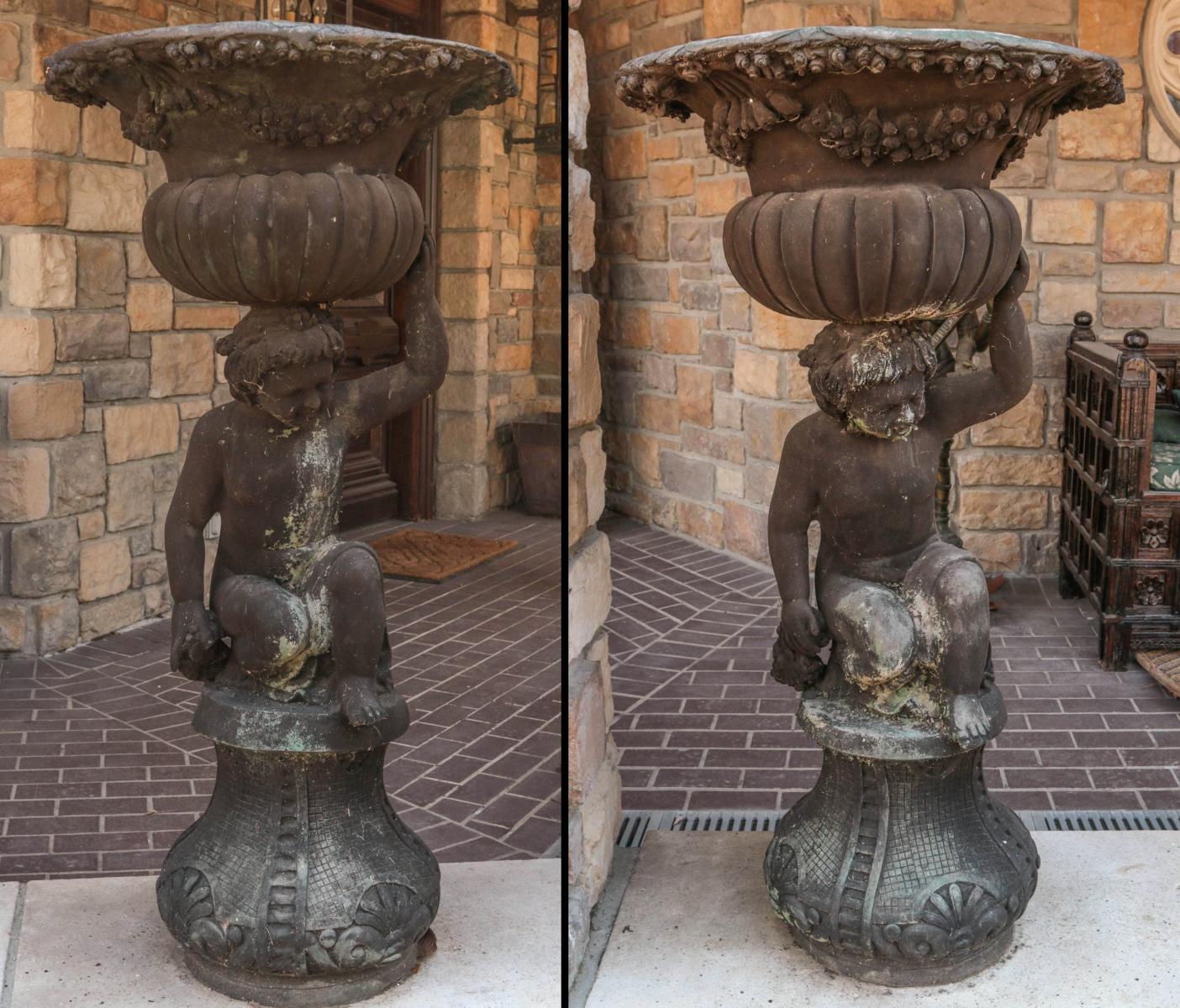 A PAIR MODERN 46-INCH BRONZE FIGURAL GARDEN URNS