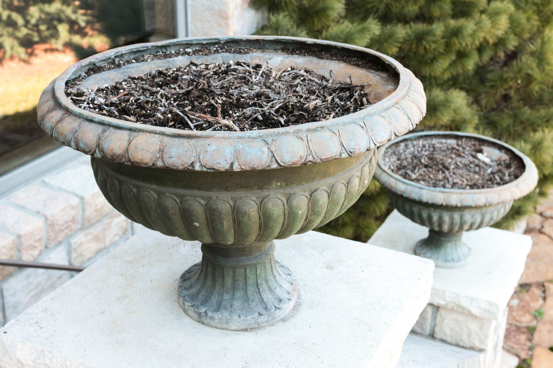 A PAIR CAMPAGNA FORM BRONZE GARDEN URN PLANTERS