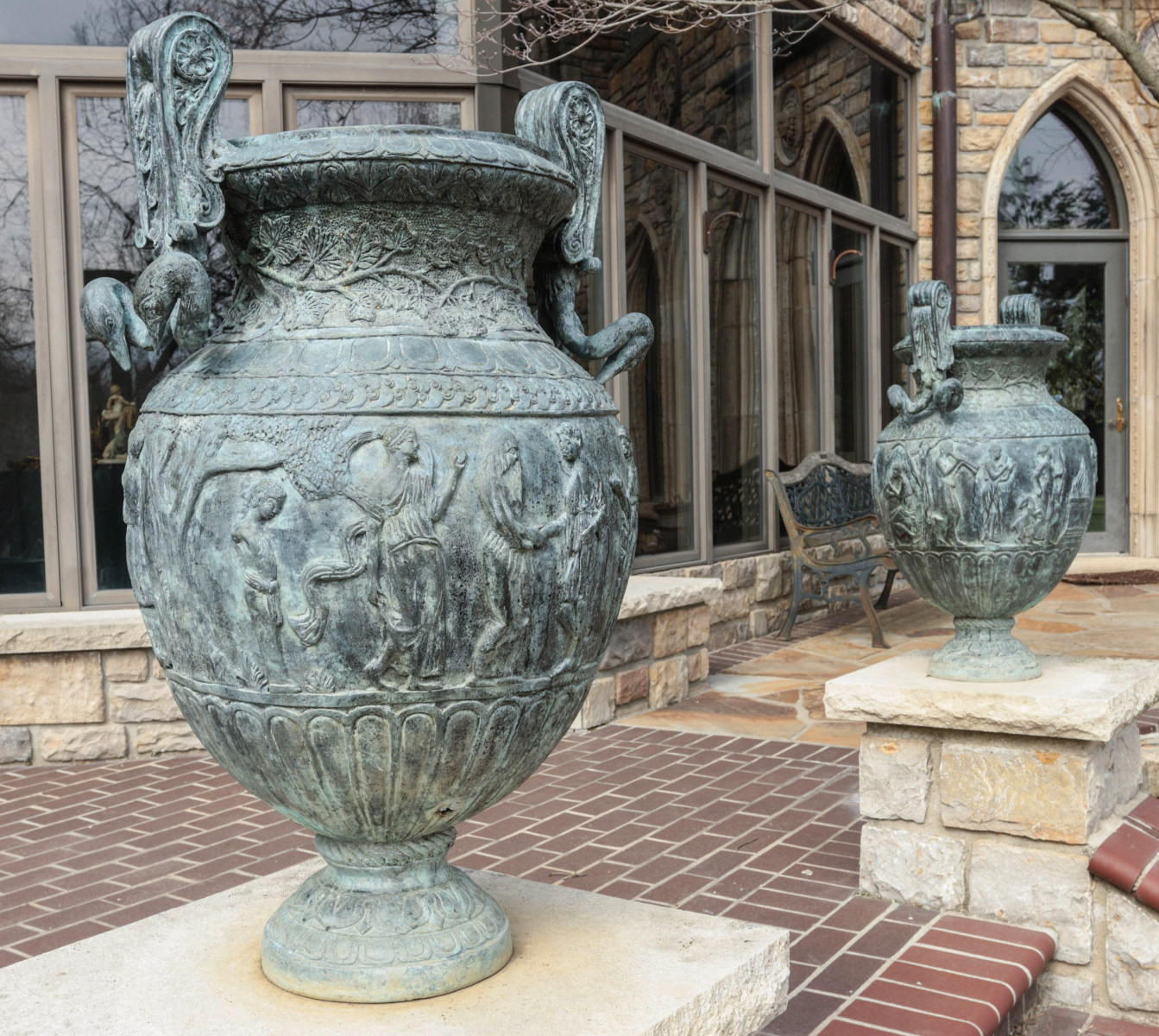 A LARGE PAIR CLASSICAL STYLE BRONZE URNS W/FIGURES