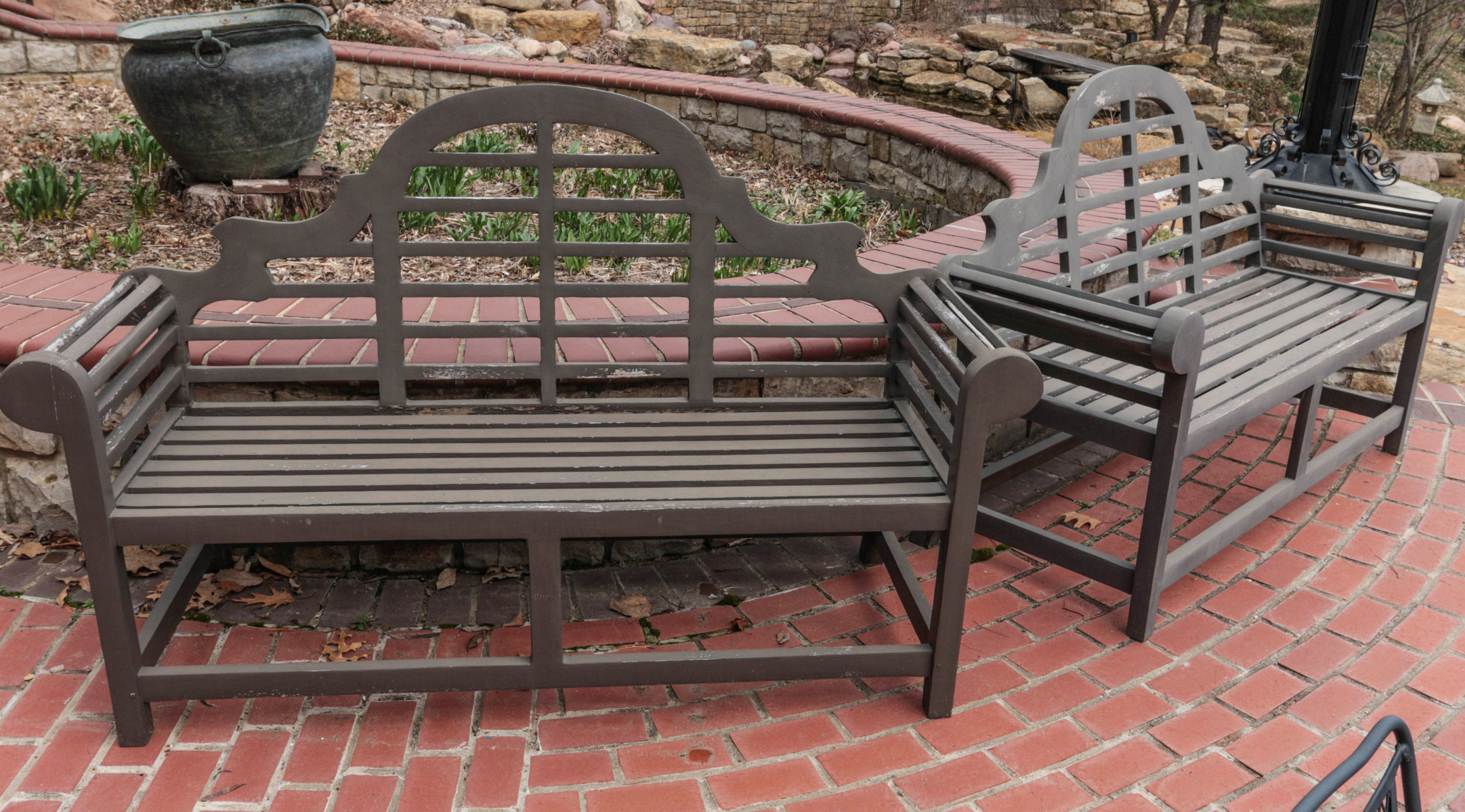 A PAIR OF STAINED TEAK WOOD BENCHES