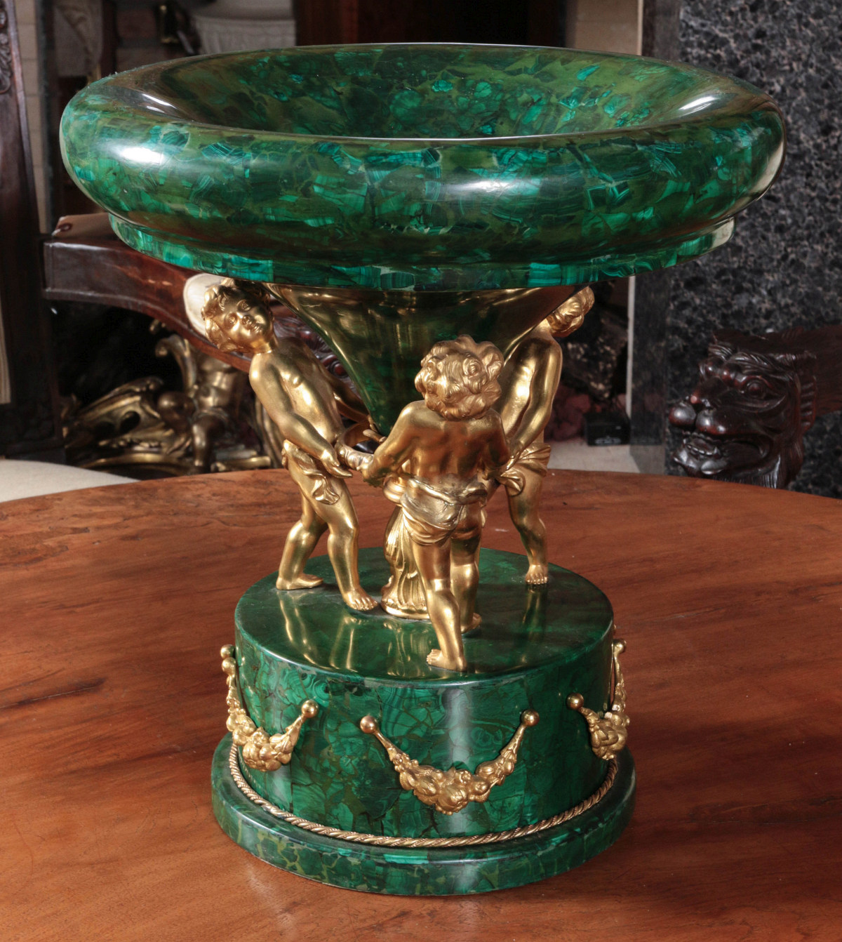 A FINE 20TH C. MALACHITE AND ORMOLU CENTERPIECE