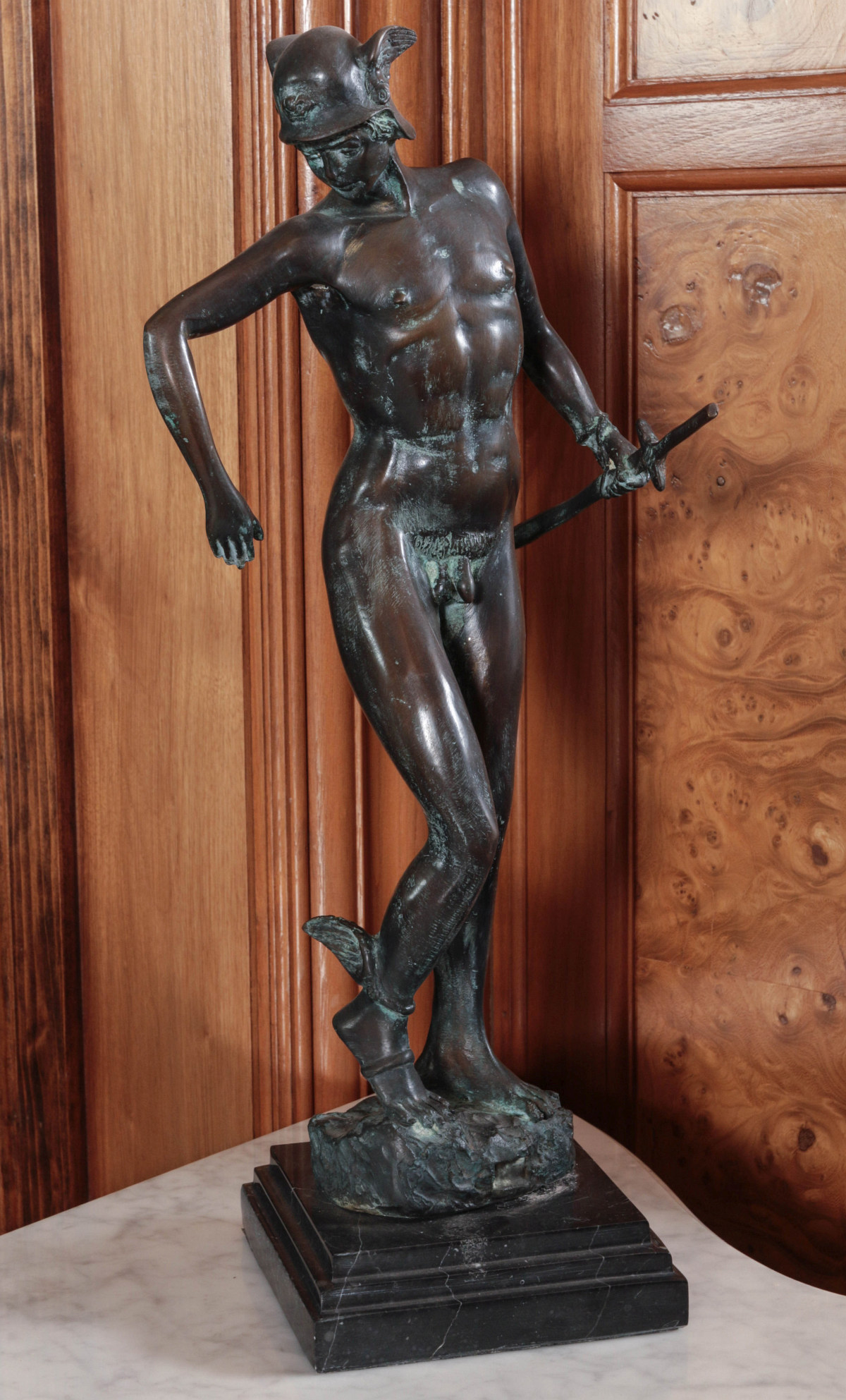 A LATE 20TH CENTURY BRONZE SCULPTURE OF MERCURY