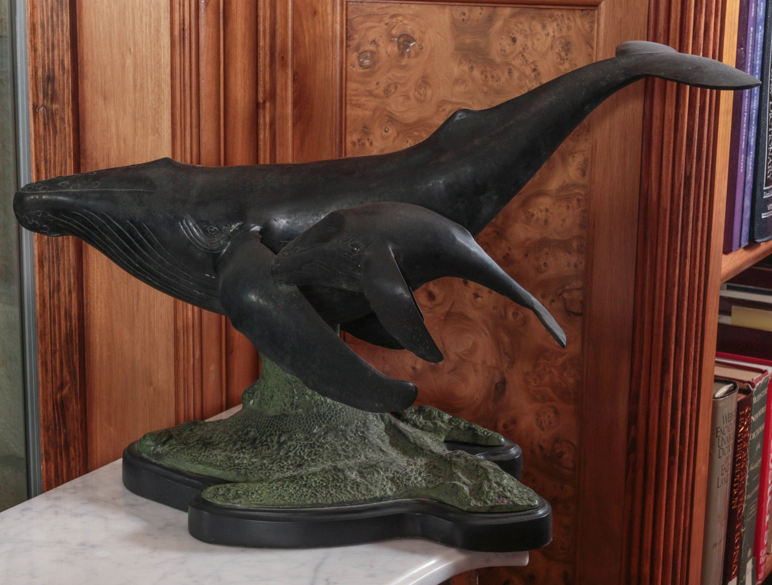 LATE 20TH C. HUMPBACK WHALE COW CALF BRONZE SCULPTURE