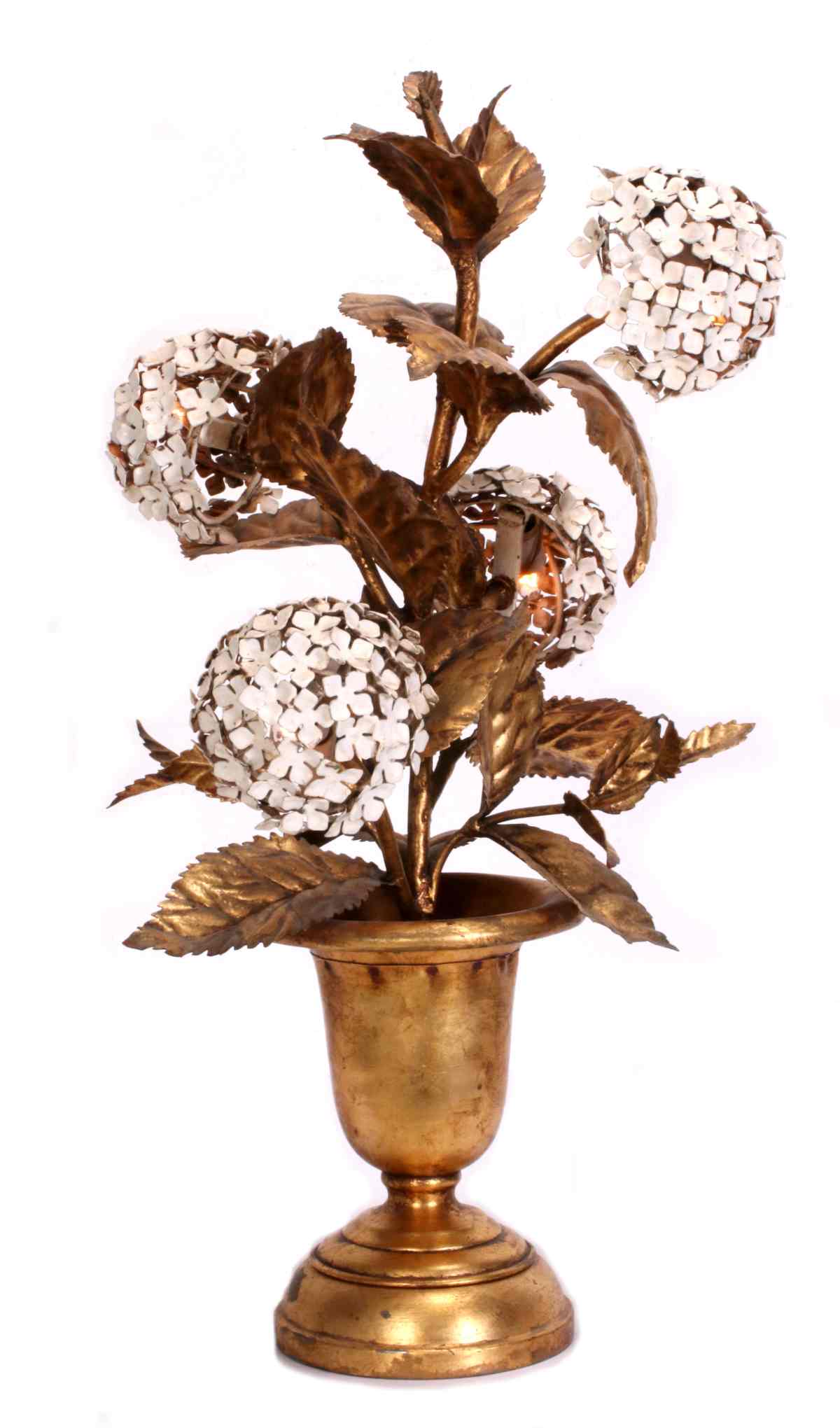 AN ITALIAN GILT METAL TABLE LAMP WITH HYDRANGEAS