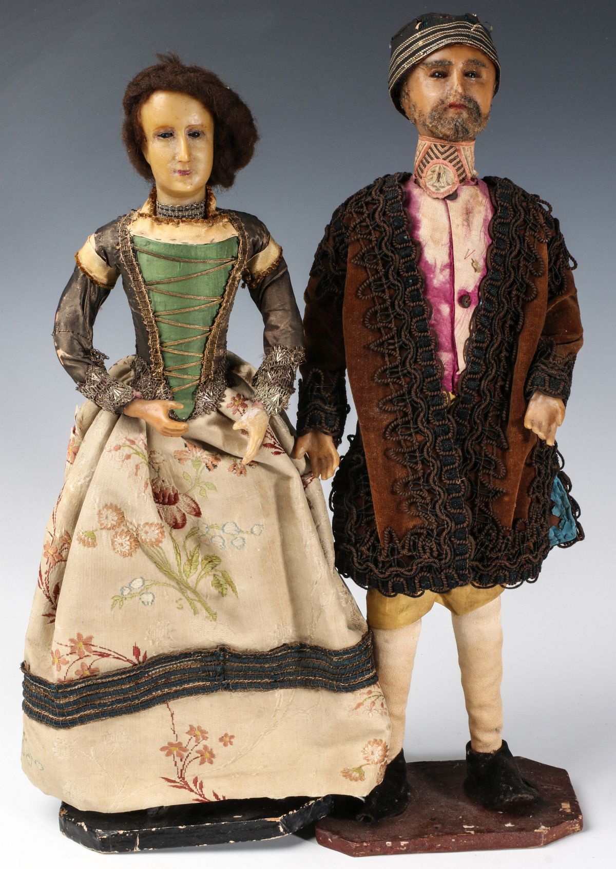 A PAIR 19TH C. NEAPOLITAN WAX DOLLS W/ GLASS EYES