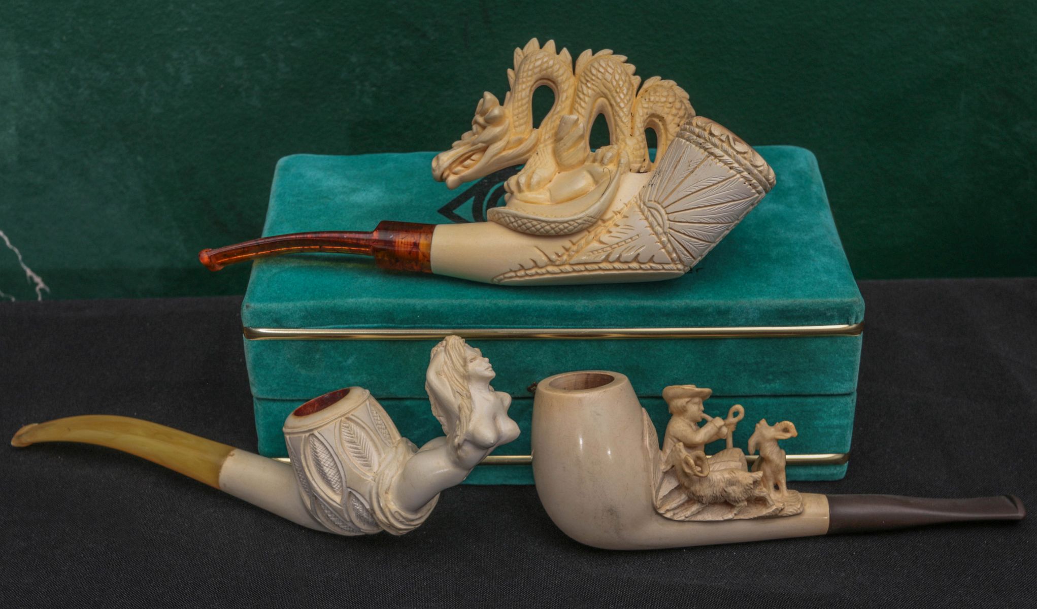 THREE ELABORATE MEERSCHAUM PIPES INCLUDING NUDE