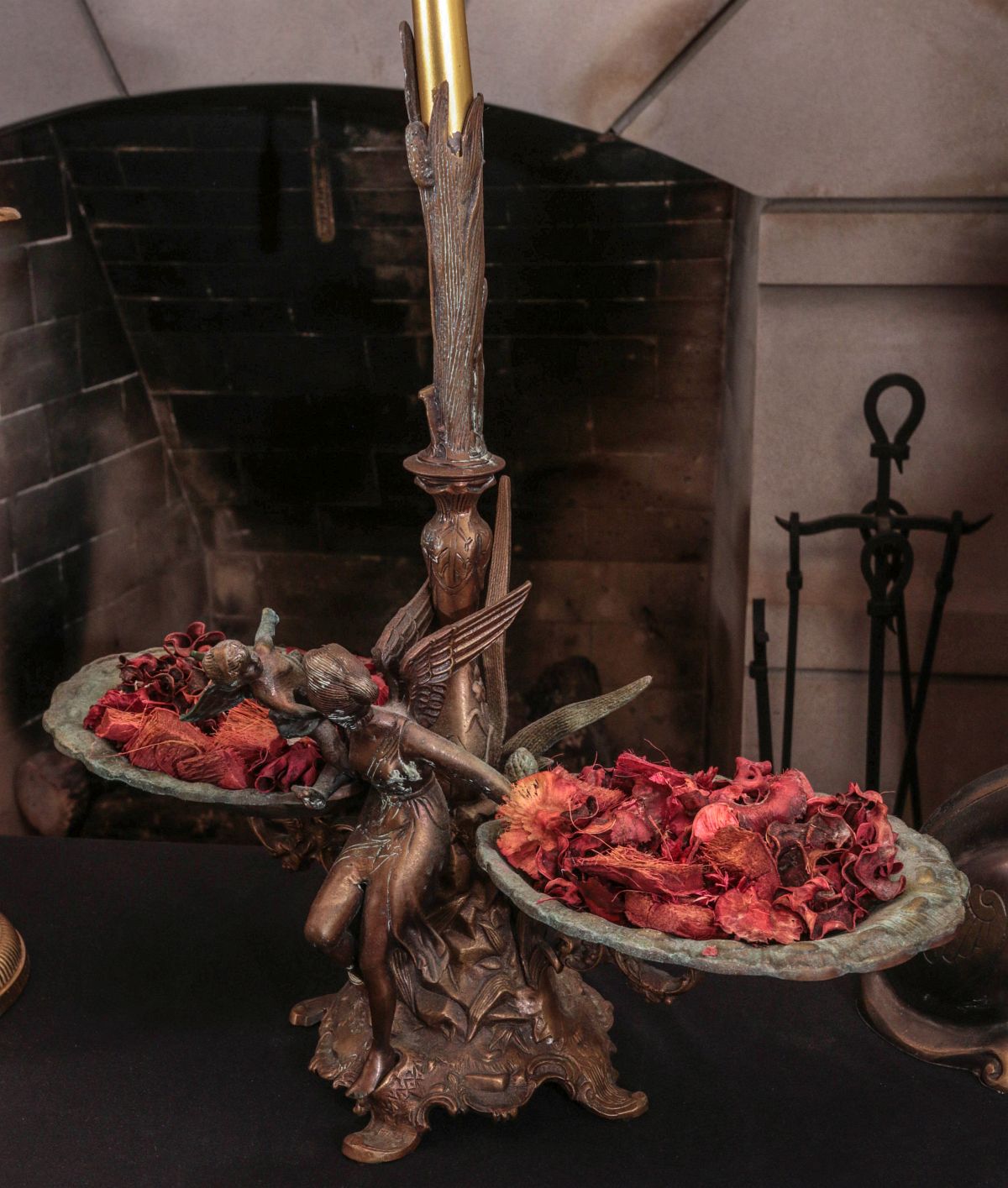 CAST METAL CENTERPIECE WITH WINGED MAIDEN, CHERUB