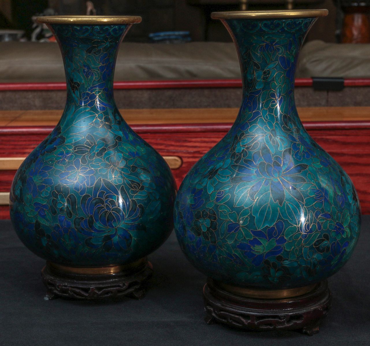 A PAIR 20TH CENTURY 12-INCH BLUE CLOISONNES VASES