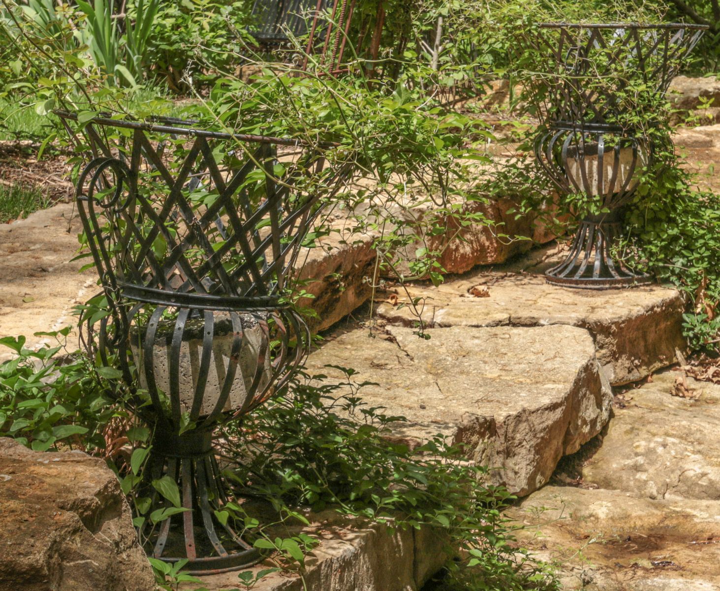 A PAIR OF IRON STRAP WORK TOPIARY-LIKE GARDEN URNS