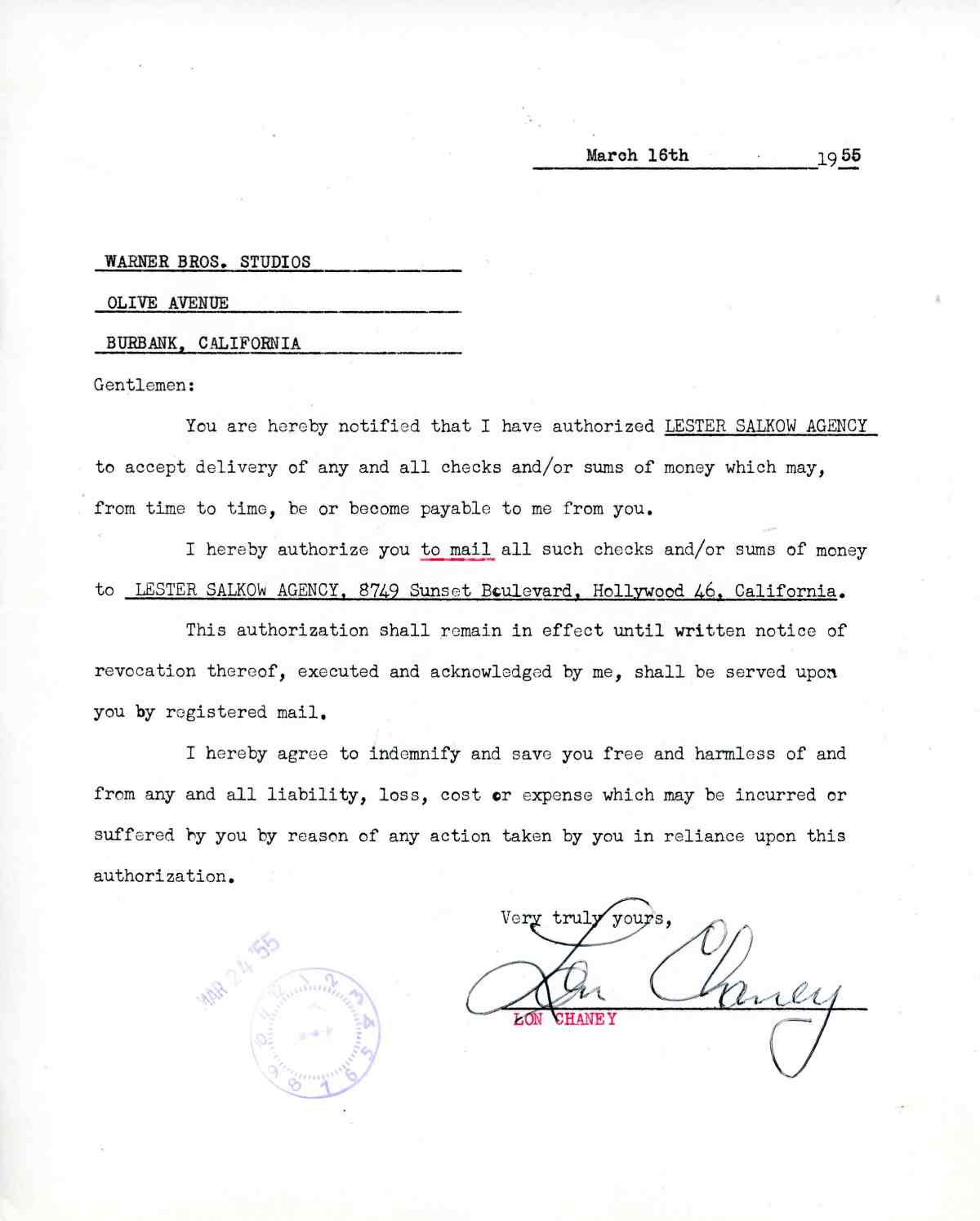 A 1955 LON CHANEY JR. (1906-1973) SIGNED DOCUMENT