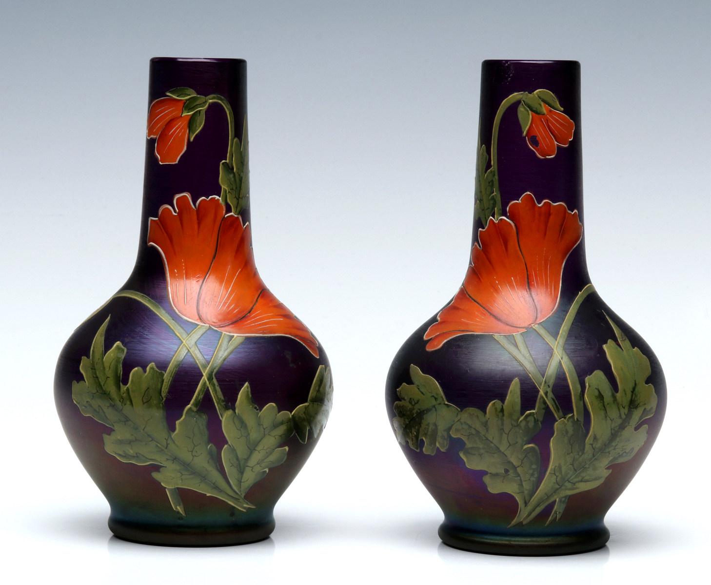 A PAIR AUSTRIAN ENAMEL DECORATED ART GLASS VASES