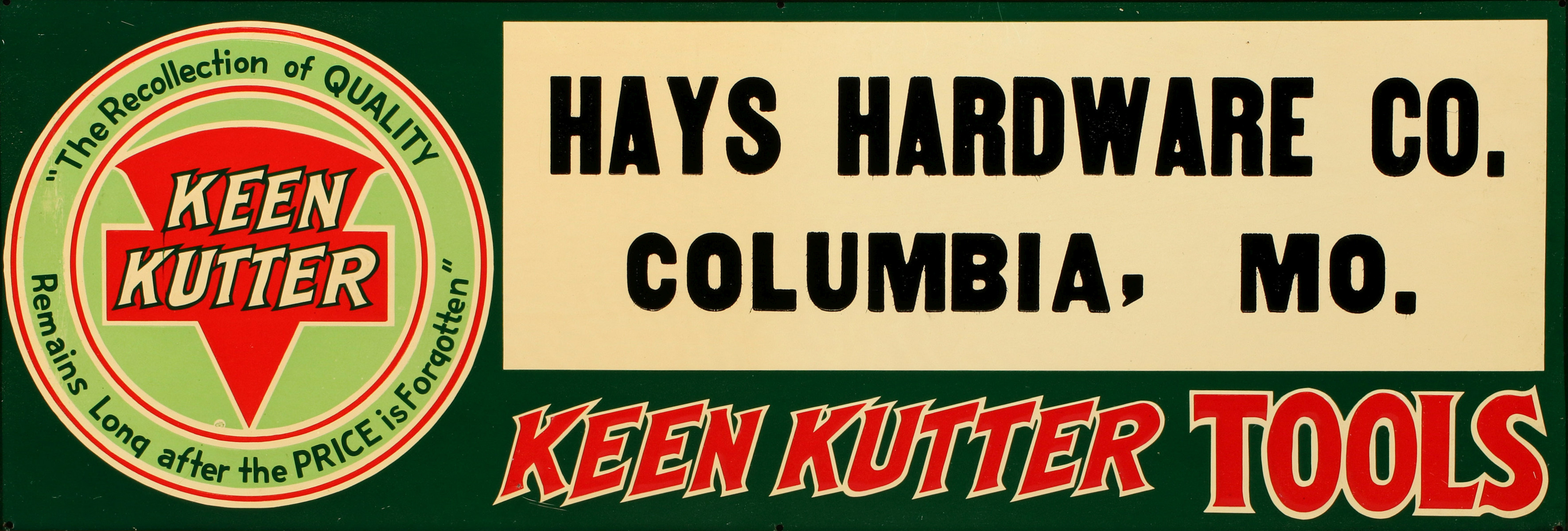 A NEAR MINT MISSOURI KEEN KUTTER TIN ADVERTISING SIGN