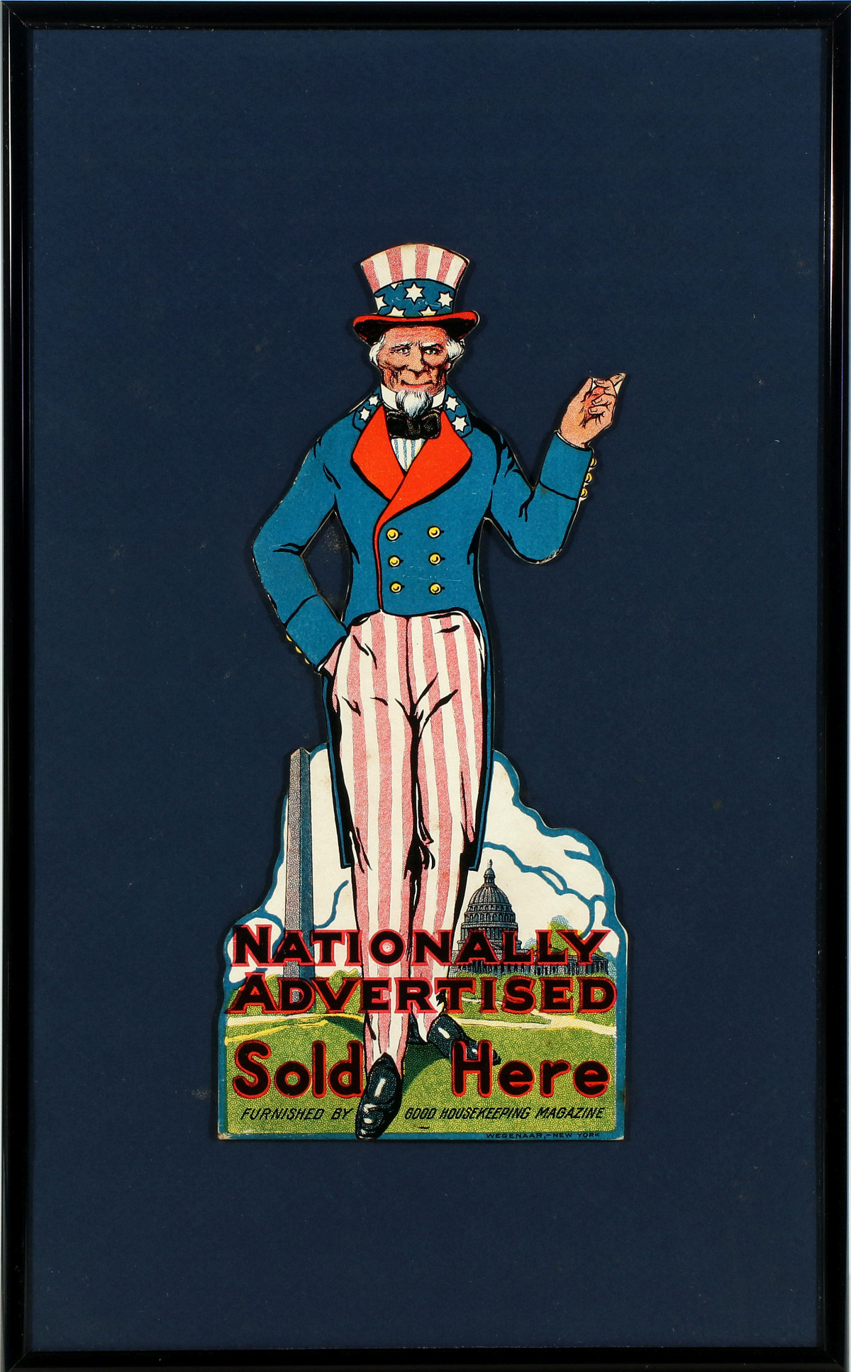 AN UNCLE SAM FIGURAL DIE CUT ADVERTISING PLACARD