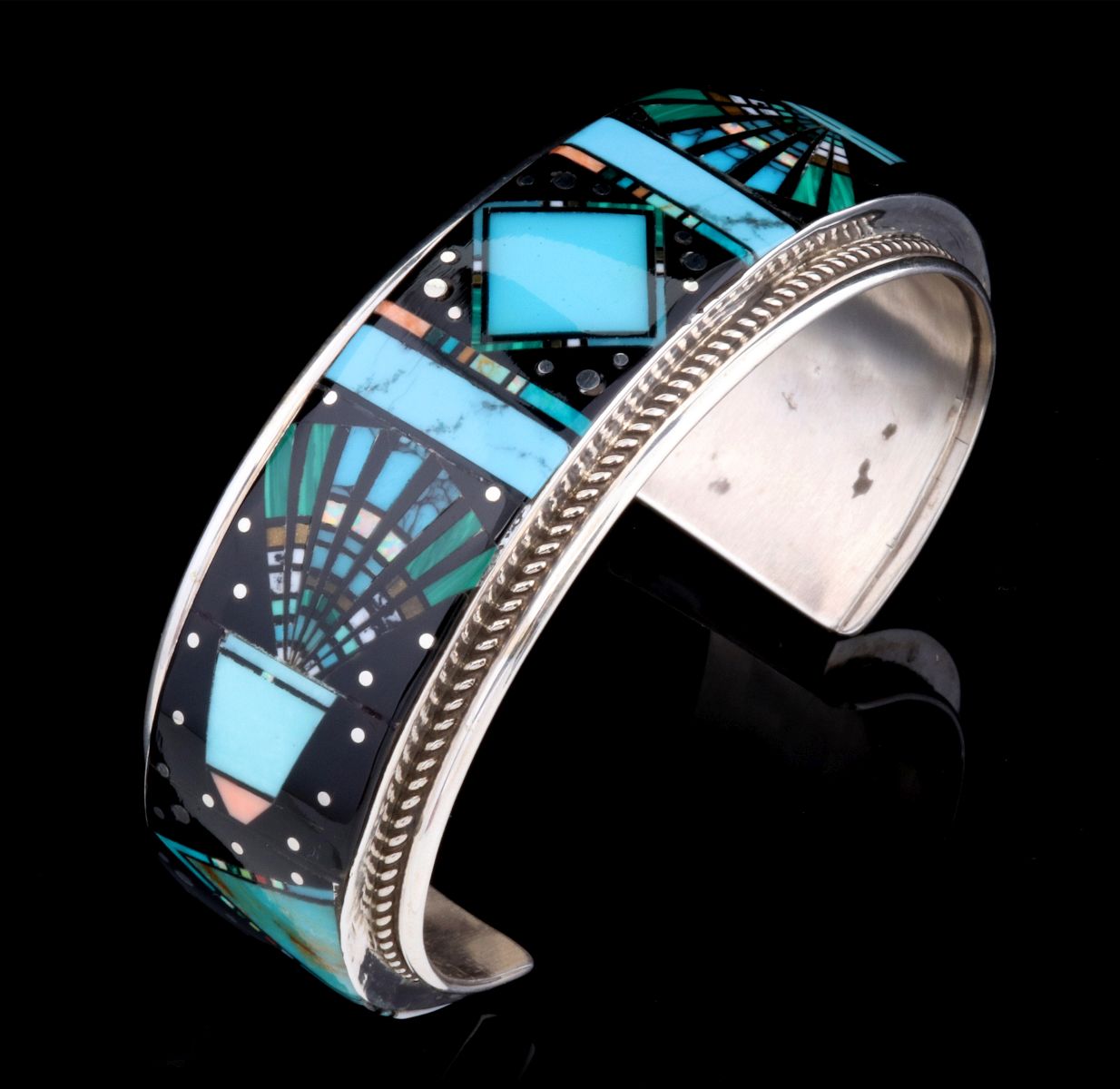 A ZUNI MICRO INLAY STERLING SILVER CUFF BRACELET