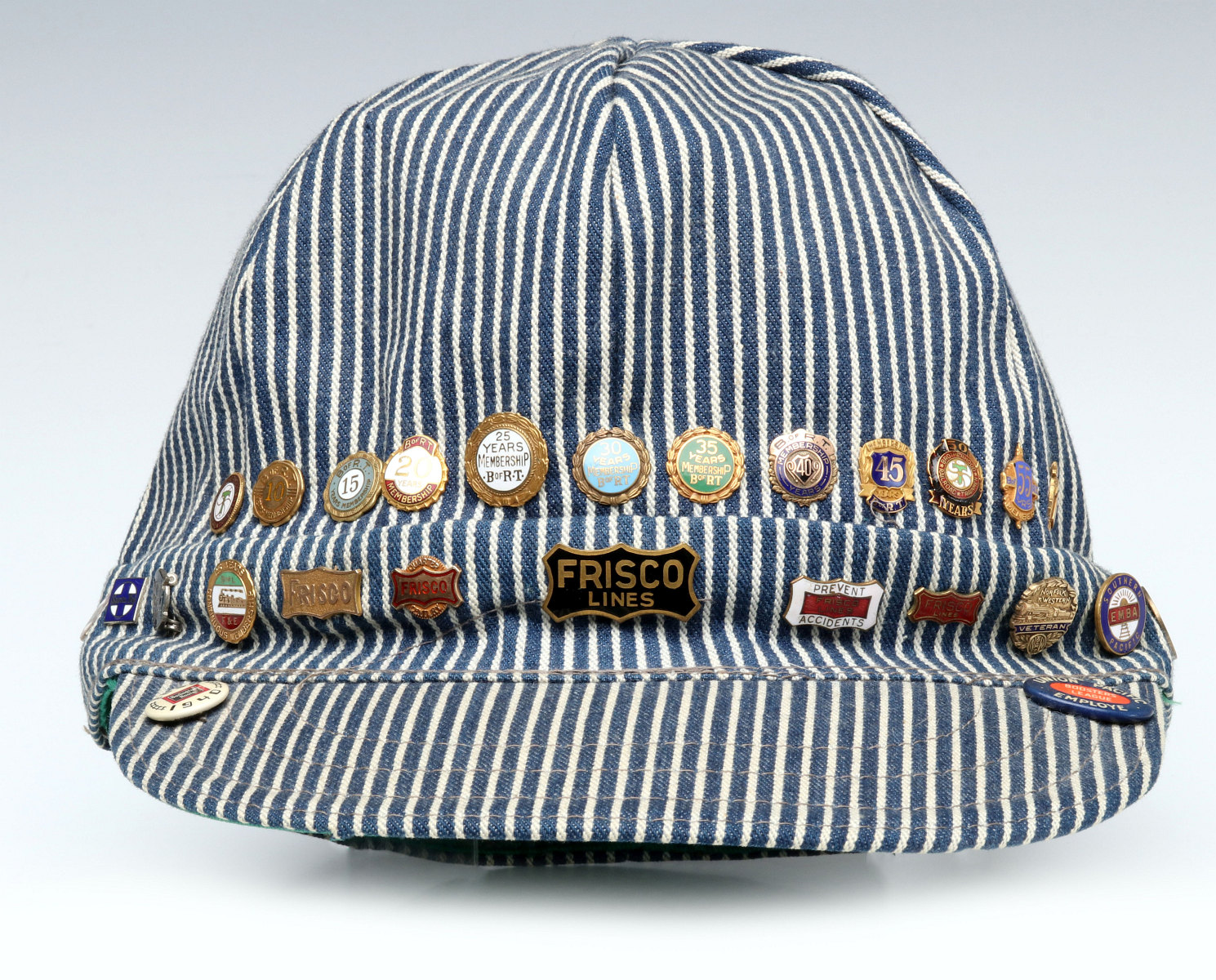 40+ ENAMELED RAILROAD PINS ON VINTAGE FRISCO CAP