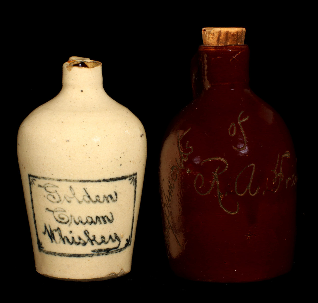 TWO CIRCA 1900 STONEWARE WHISKEY ADVERTISING MINI JUGS