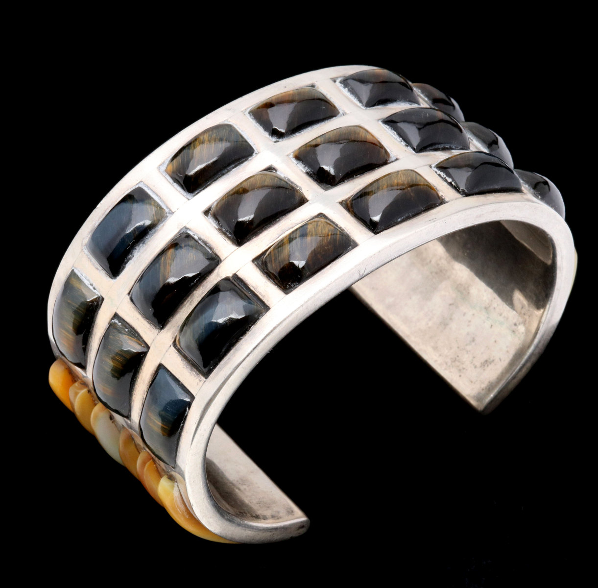 A TIGER EYE CABOCHON ROW STERLING CUFF BRACELET