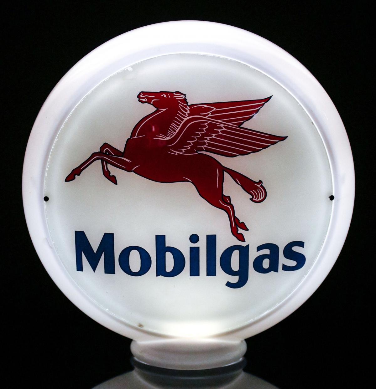 A VINTAGE MILK GLASS MOBILGAS GAS PUMP GLOBE