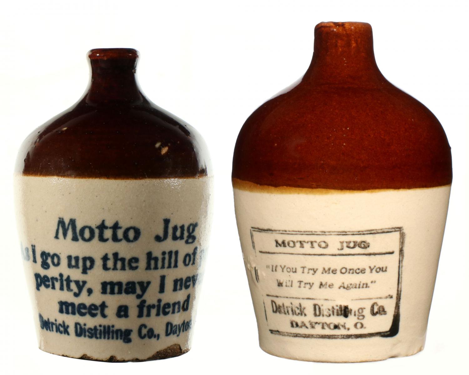 TWO DETRICK DISTILLING ADVERTISING STONEWARE JUGS