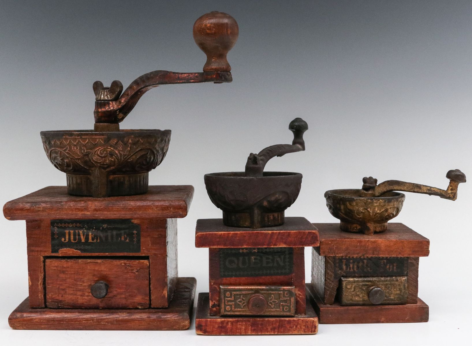 THREE DIFFERENT ANTIQUE DOLL/CHILD'S COFFEE MILLS