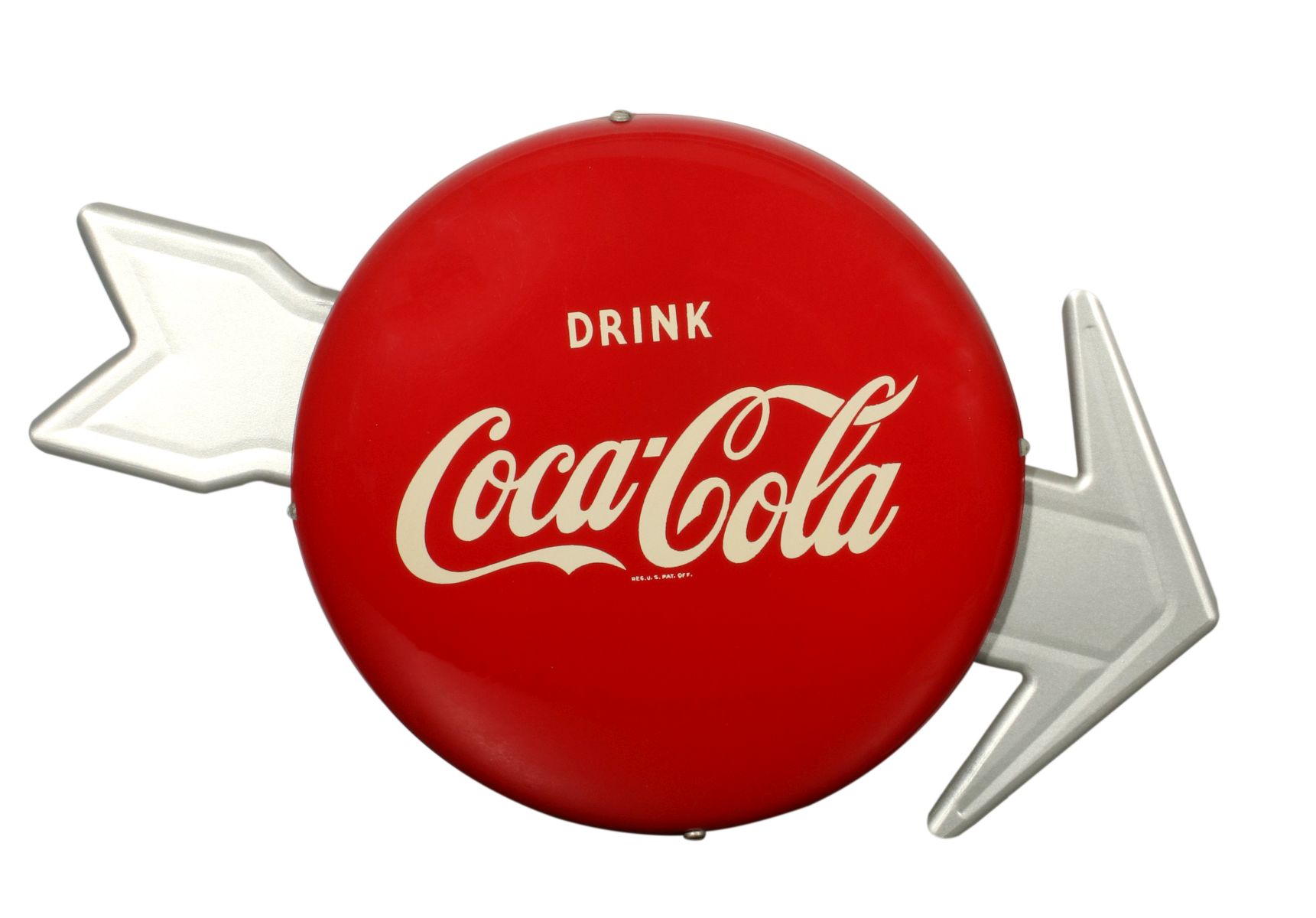 A 1950s COCA-COLA BUTTON SIGN WITH ARROW