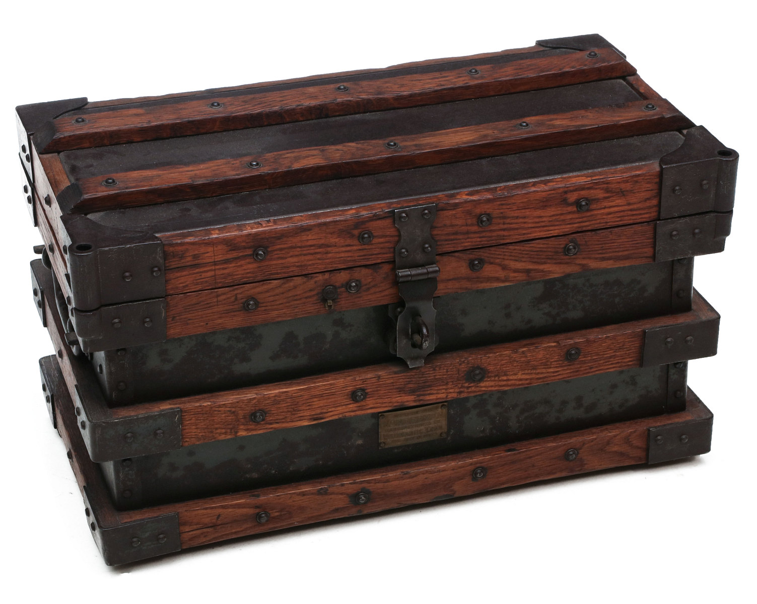 AN UNUSUAL CIRCA 1870s CAST IRON AND OAK STRONGBOX