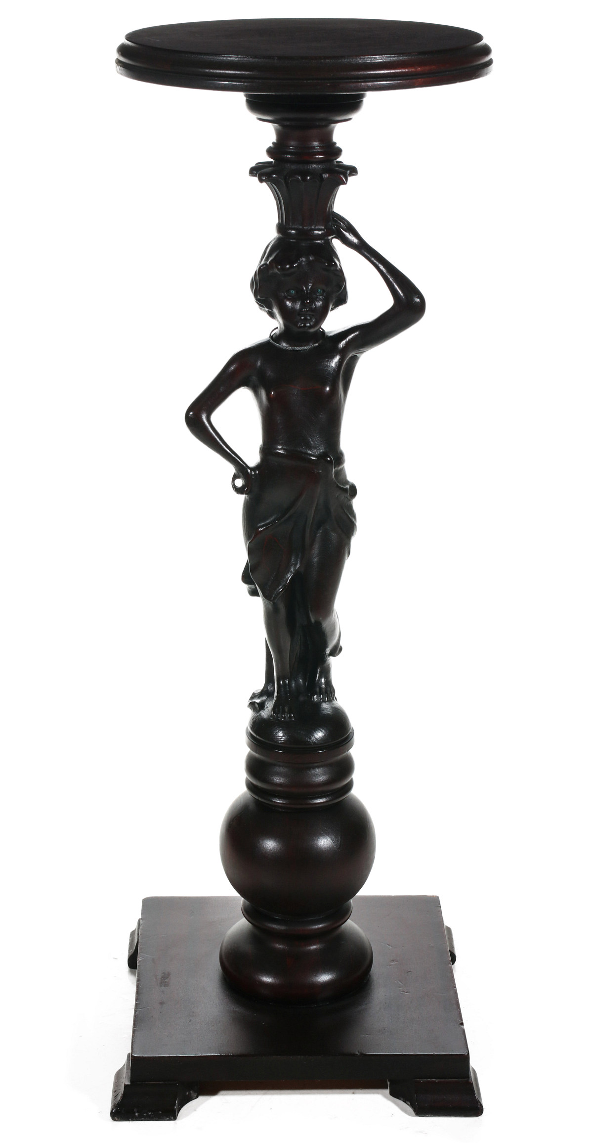 A CIRCA 1910 CARVED MAHOGANY FIGURAL NUDE PEDESTAL