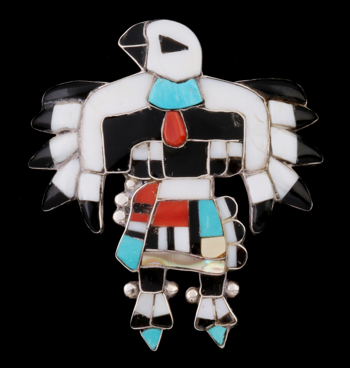 A ZUNI INLAID STERLING SILVER EAGLE DANCER BROOCH